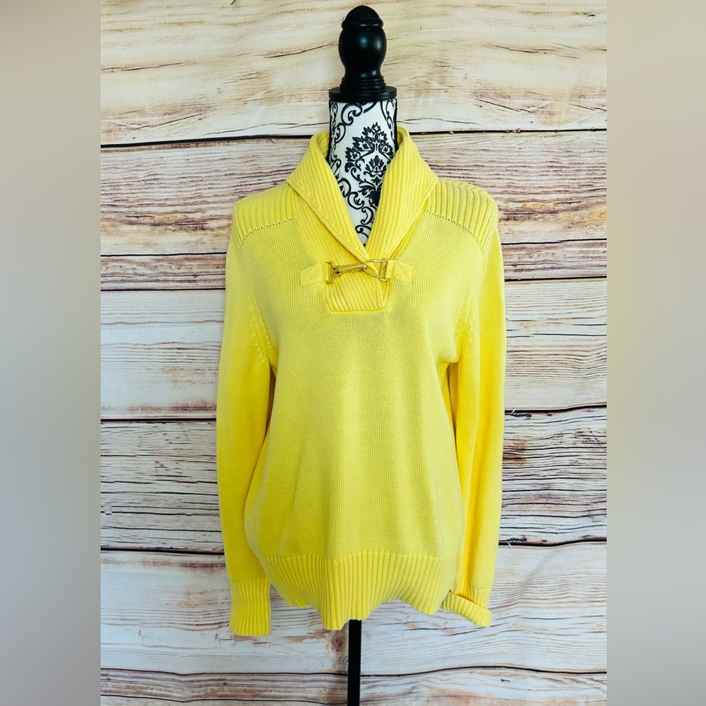 CHAPS Women’s Yellow V-Neck Buckle Accent Long Sleeve Collared Pullover Sweater
